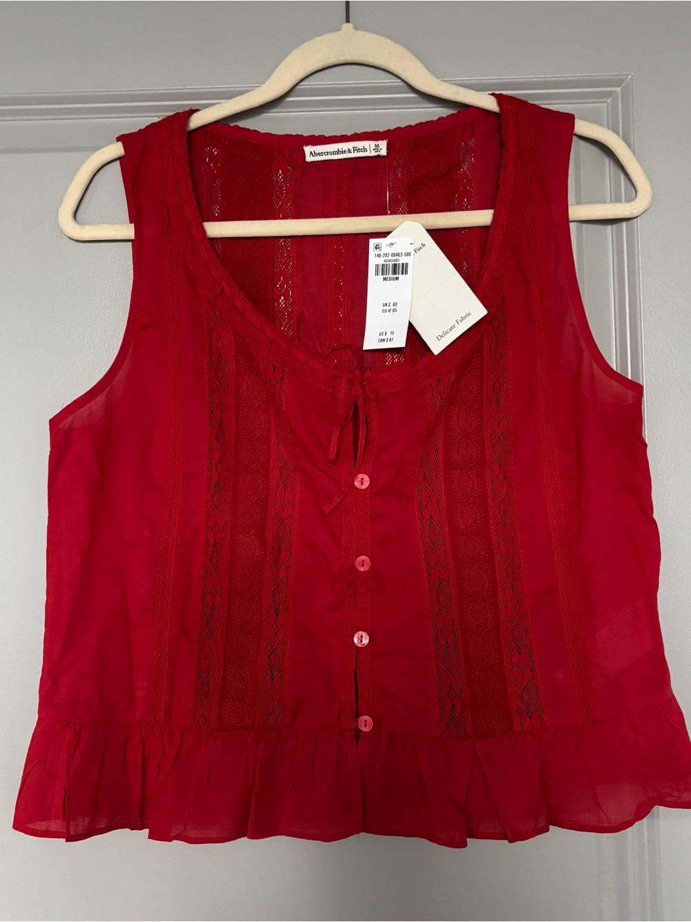 Abercrombie Button-Through Lace-Trim Tank. NWT! Color: Red Size Medium